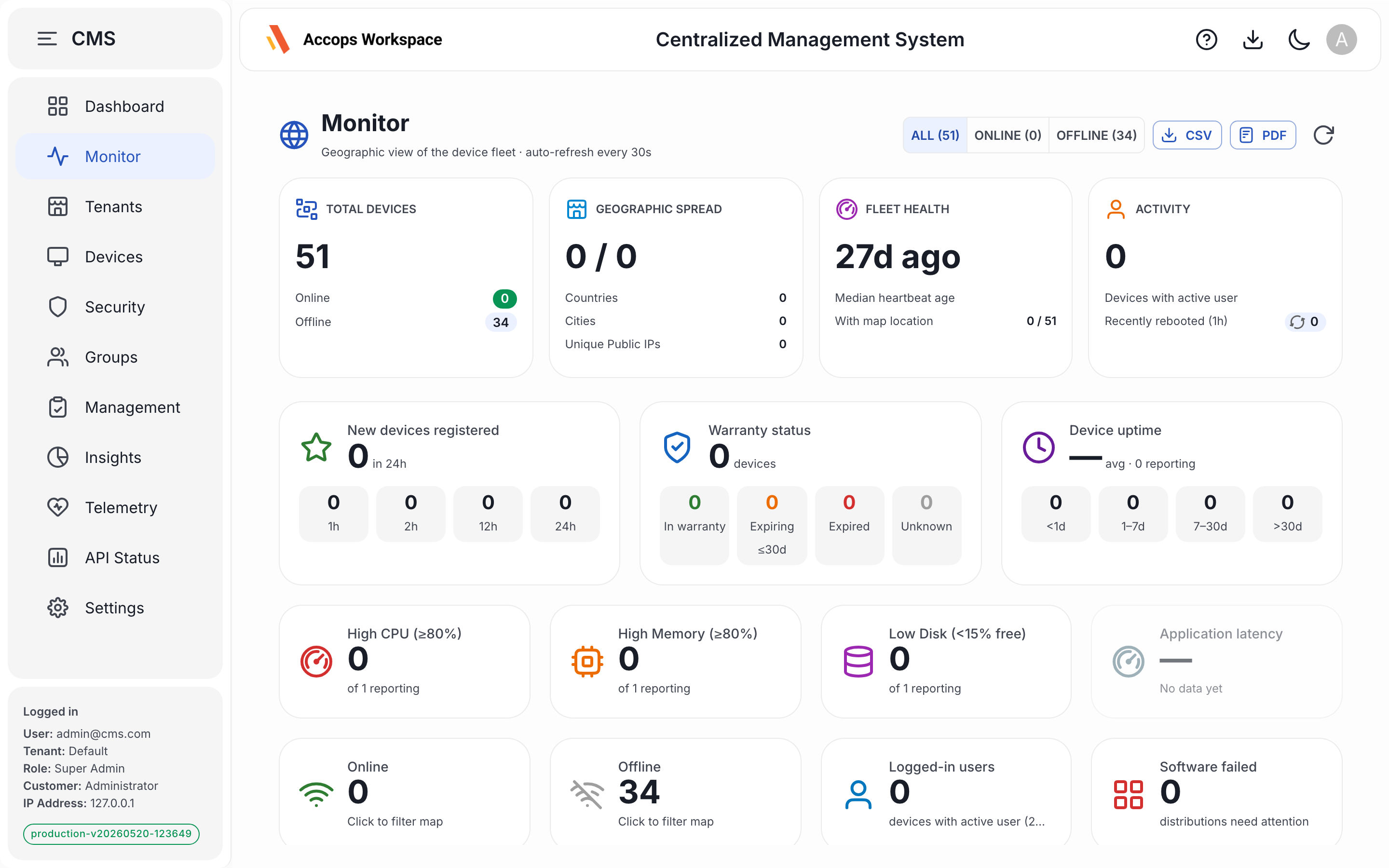 Monitor — geographic device map auto-refreshing every 30 seconds
