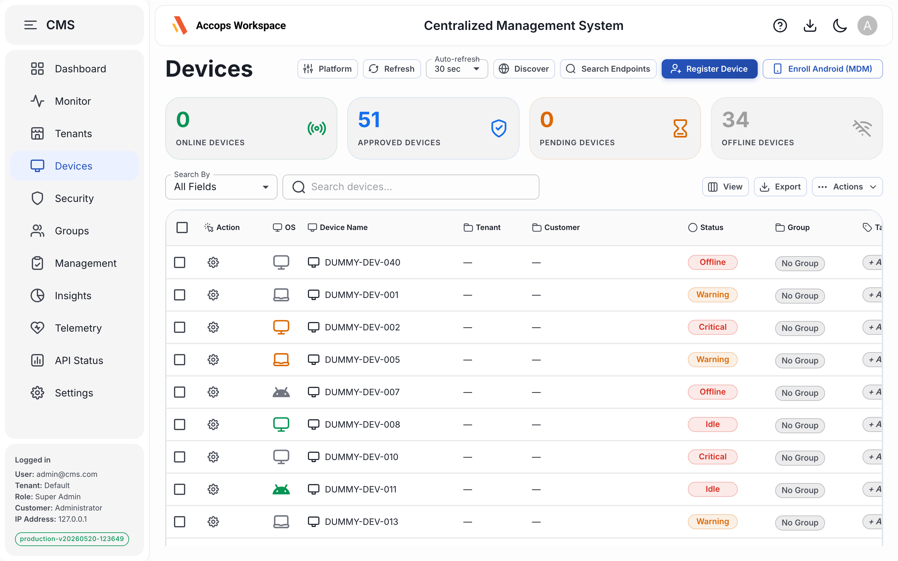 Devices — inventory + lifecycle hub with auto-refresh
