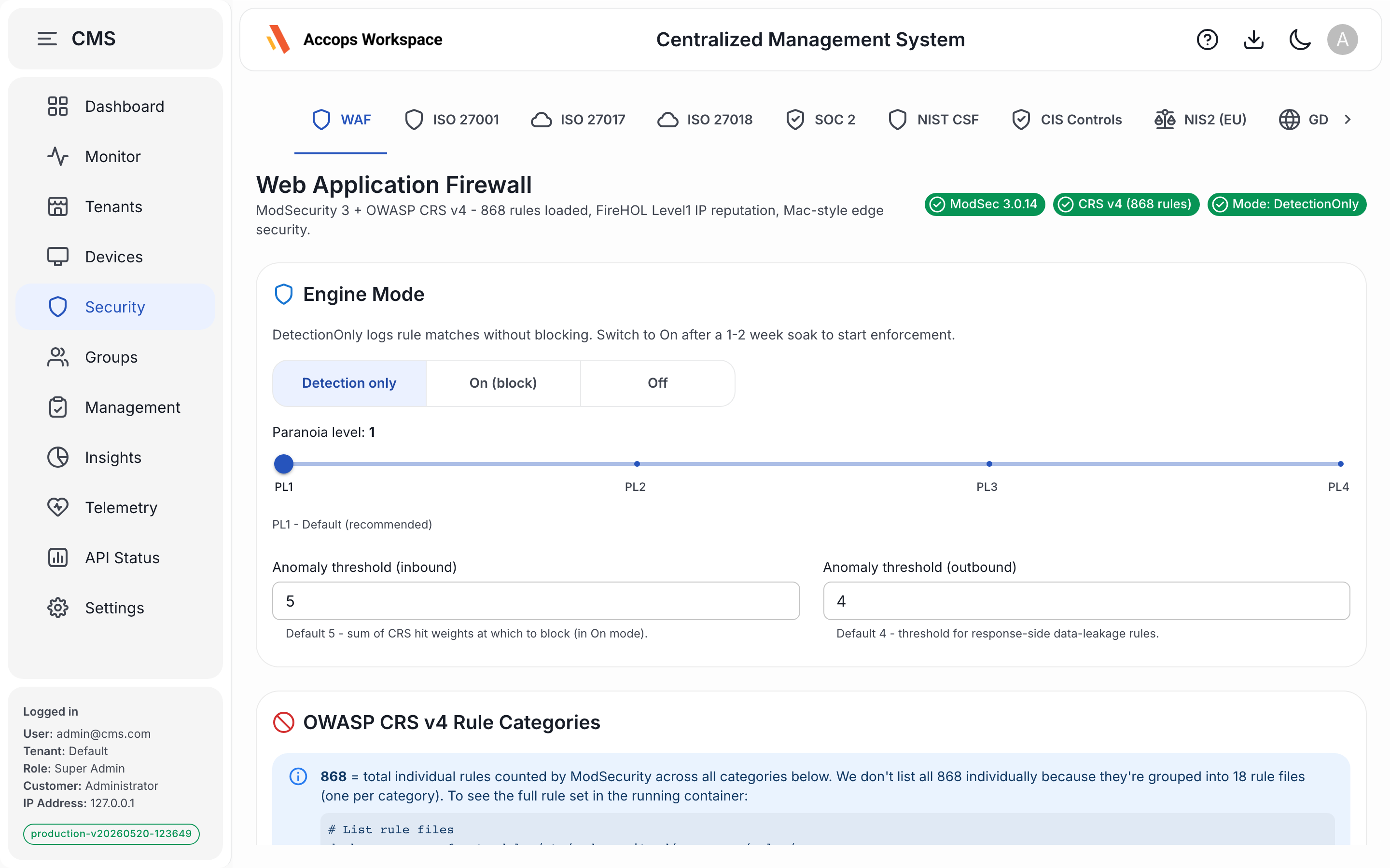 Security — WAF engine and compliance frameworks