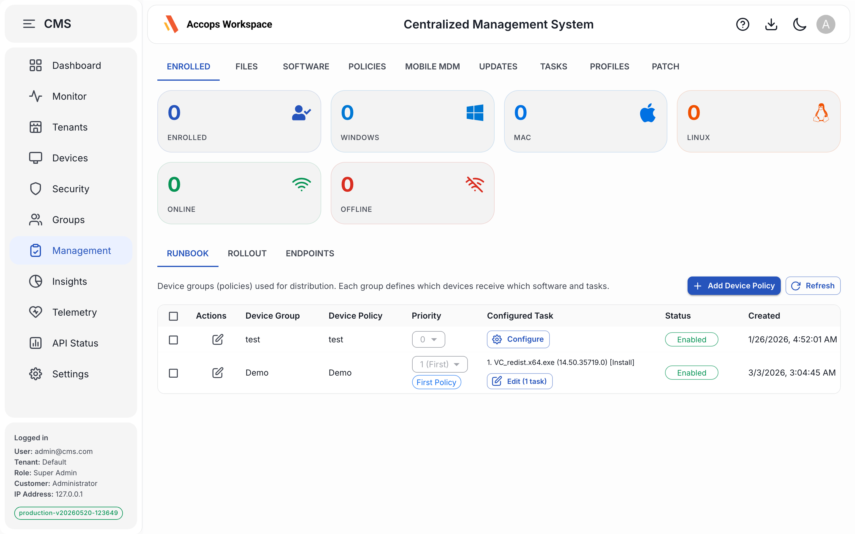 Management — files, software, policies, tasks, patch, MDM