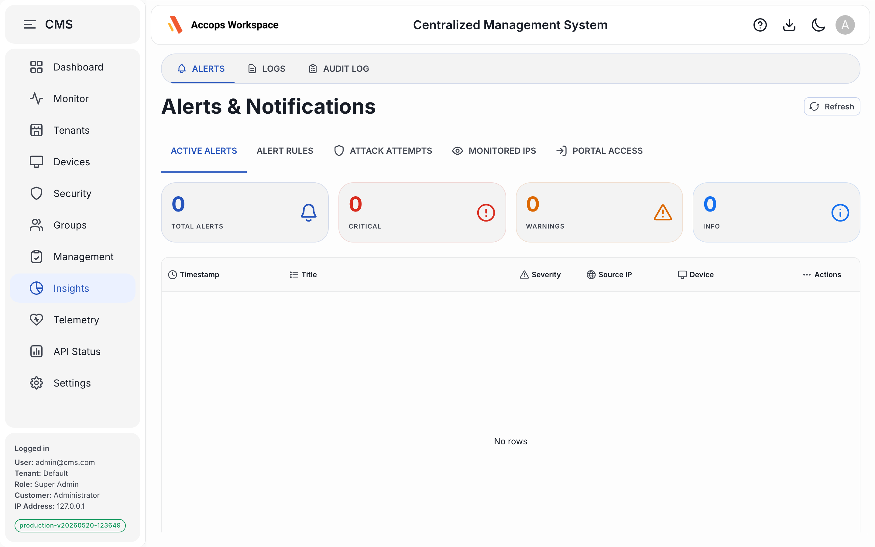 Insights — alerts, logs, audit trail