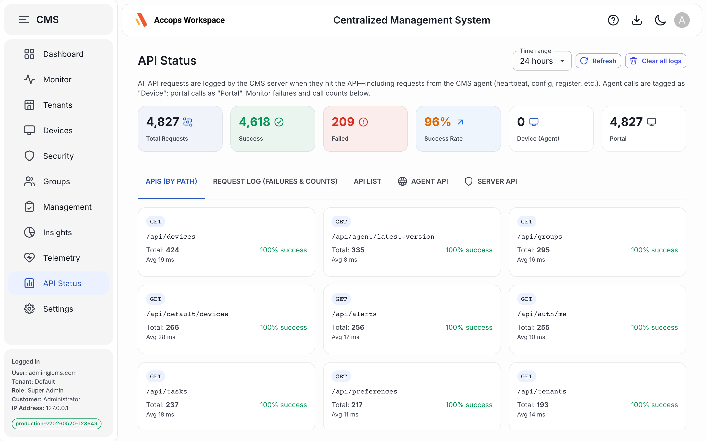API Status — platform API health and request logs